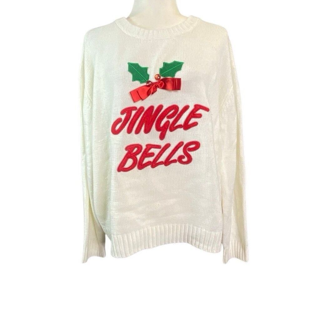 Merry Christmas Sweater Womens Extra Large White Crew Neck Jingle Bells